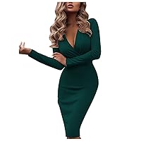Women's Elegant Deep V-Neck Long Sleeve Sexy Club Party Work Business Bodycon Casual Basic Solid Color/Sequin Patchwork/Floral/Leopard Print Wrap Pencil Midi Dress(A Green L)