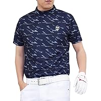 TopIsm Golf Wear, Mock Neck Shirt, Men's, High Neck T-Shirt, Short Sleeve, Top, Allover Pattern, Logo, Moisture Wicking, Dry Polo Shirt, Spring/Summer, Sports