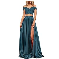 Women's Two Piece Off The Shoulder Lace Satin Prom Dresses Long Formal Party Cocktail Dress with Slit