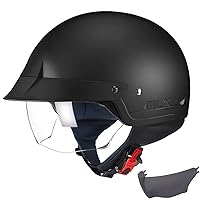 GLX M14 Cruiser Scooter Motorcycle Half Helmet with Free Tinted Retractable Visor DOT Approved (Matte Black, X-Large)