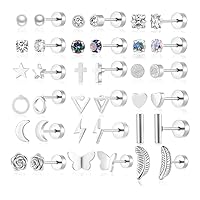 18 Pairs Samll Stud Earrings for Women Men 316L Surgical Stainless Steel Hypoallergenic Flatback Earrings Cubic Zirconia Earring Studs for Gilr,Black Silver Gold 20G Earrings for Cartilage Tragus Helix Lobe Conch Piercing Jewelry