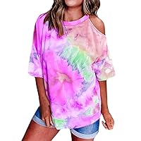 Womens Oversized One Cold Shoulder Tie Dye Hippie Shirts Half Sleeve Summer Tops 2024 Casual Loose Fit Tshirts Tees