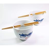 ??????? 2 Porcelain Ceramic Bowls w Chopsticks Holder Japanese Puff Fish for Soup Noodle Porridge Menudo Ramen Udon Pasta Cereal Ice cream Pho Rice Instant Noodle ~ F15694