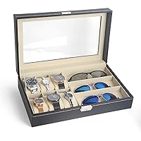 6-slot Men’s Leather Watch Case, Multi-function Sunglasses Watch Bracelet Storage Box, Transparent Flip Cover Three-row Large-capacity Watch Box 0104B