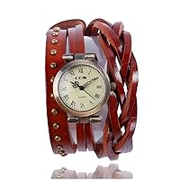 MINILUJIA Genuine Leather Braided Strap Double Wrap Aound Watch for Women Vintage Bohemian Style Bronze Small 26mm Roman Number Dial Adjustable Wrap WatchBrown