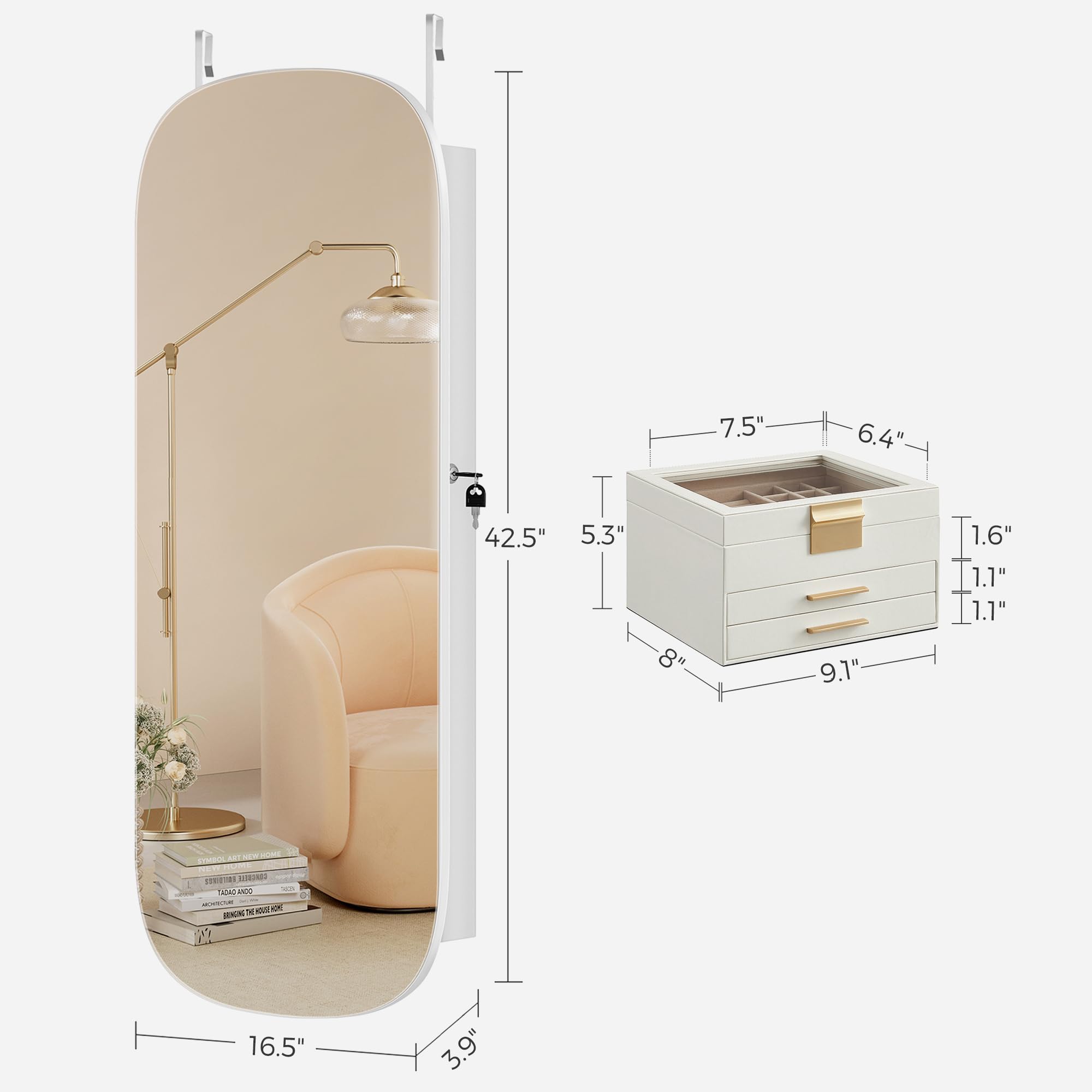 SONGMICS Jewelry Box and LED Jewelry Cabinet Bundle, Jewelry Organizer, Rounded Wide Mirror with Storage, Cloud White and Gold Color, White Surface with Greige Lining UJBC239WT and UJJC026W01