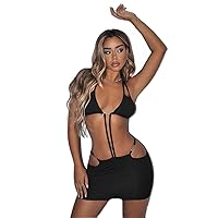 Dresses for Women - Sexy Black Cut Out Bodycon Dress with Halter Neckline and Sleeveless Design