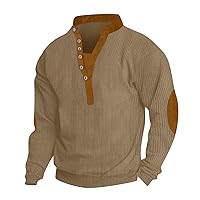 Men's Waffle Sweatshirts Casual Lapel Collar Mock Neck 6 Button Pullover Tops with Patched Elbow Shoulder