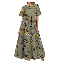 Women Empire Waist Maxi Sundress Summer Casual Boho Cotton Linen Beach Dresses Crew Neck Short Sleeve A-Line Dress