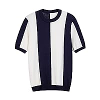 Men's Color Block Patchwork Knitted Short Sleeves Round Neck Striped T-Shirt Lightweight Casual Tee Top