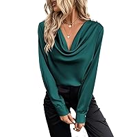 Women's Shirts Women's Tops Shirts for Women Solid Draped Collar Top (Color : Green, Size : X-Large)