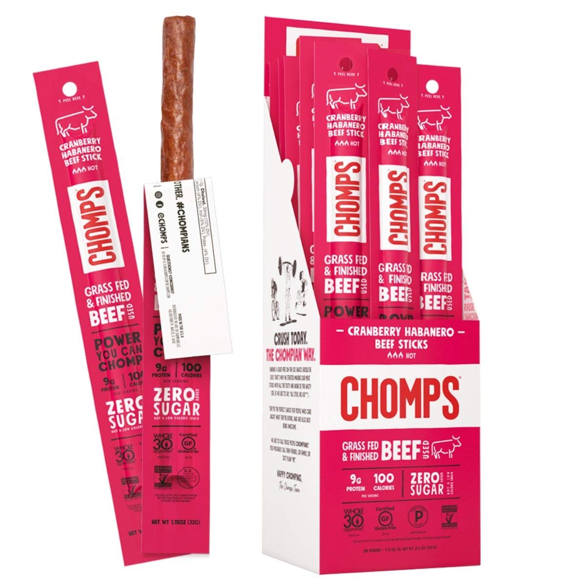 Chomps Grass Fed Cranberry Habanero Beef Jerky Snack Sticks, Keto & Paleo, Whole30, Non-GMO, Gluten Free, Nitrate Free, 100 Calorie Snacks, 1.15 Oz...