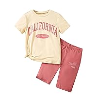 Girl's 2 Piece Outfits Letter Short Sleeve Crewneck T Shirt and Shorts Set Preppy Cute Outfits