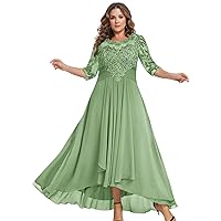 BONOYUER Tea Length Mother of The Bride Dresses for Women A Line Chiffon High Low Formal Evening Gown with Sleeves