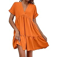 Summer Dresses for Women Women's Ruffles Fresh and Sweet V Neck Solid Color Large Swing Casual Skirt Dress