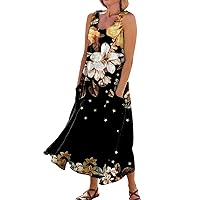 Dress Women Long Womens Boho Floral Print Loose Fit Casual Summer 3/4 Sleeve Crewneck Long Dress with Pockets