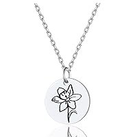 FindChic Birth Flower Disc Necklaces for Women with Birthstone Stainless Steel/Gold Plated/Sterling Silver Jan. to Dec. Guardian Month Floral Pendant Custom Engraved Dainty Jewelry +Gift Box