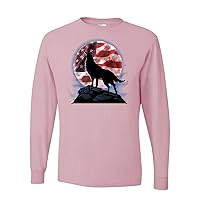 American Wolf Howling at The Moon USA United States Flag Patriotic Mens Long Sleeves