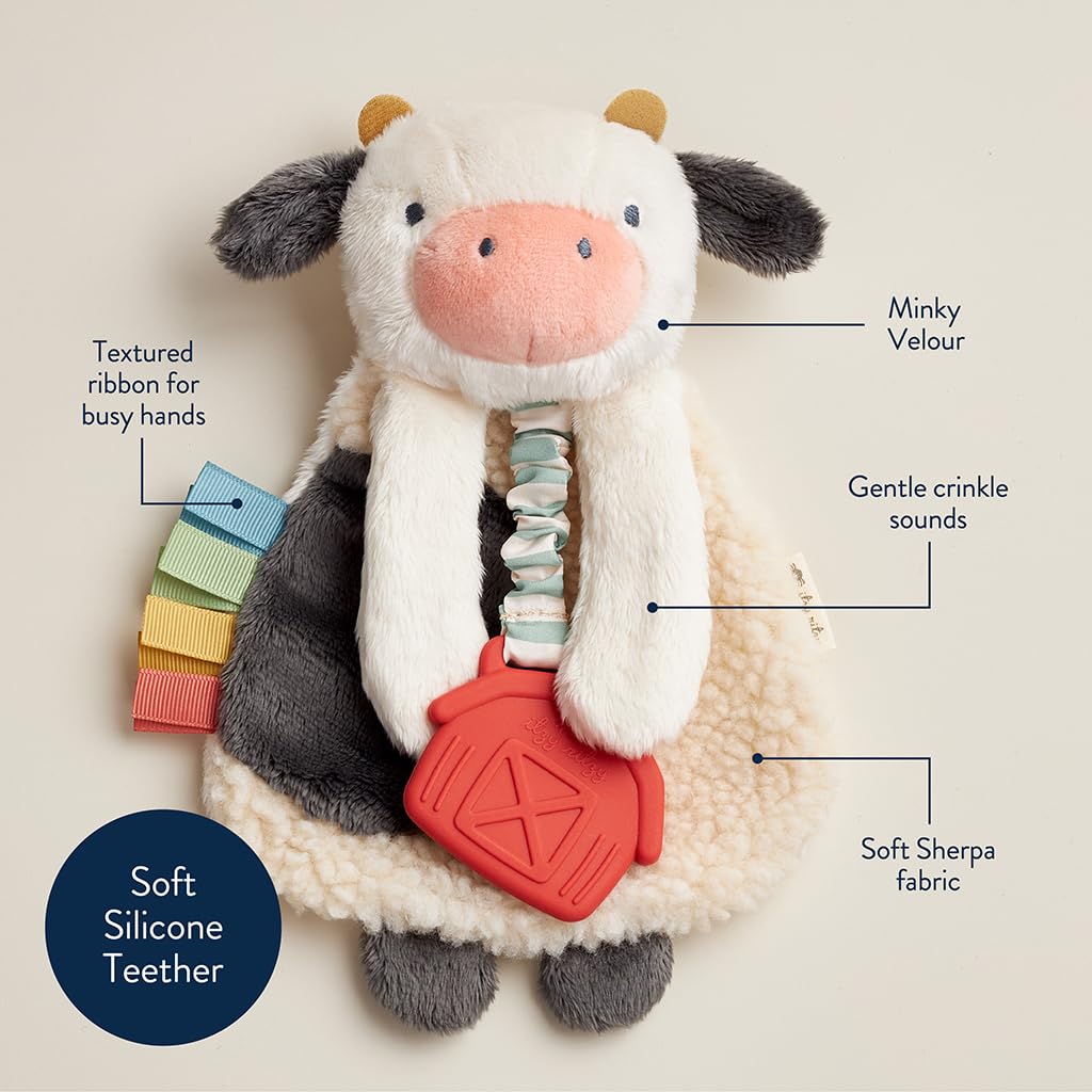 Itzy Ritzy - Itzy Lovey Including Teether, Textured Ribbons & Dangle Arms; Features Crinkle Sound, Sherpa Fabric and Minky Plush; Cow