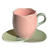 Mug with Saucer 10 Oz/300ml Ceramic Flower Tea Cup with Handle Irregular-shape Flower Coffee Mug Flower Cup for Office Home Dishwasher Microwave Safe 2