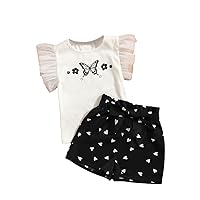 OYOANGLE Girl's 2 Piece Outfits Graphic Mesh Cap Butterfly Sleeve Ruffle Trim Tee Shirt and Bow Paperbag Shorts Set