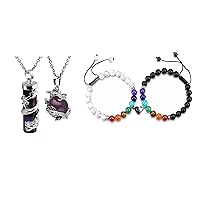 Jovivi Bundle - 2 Items 2pc Dragon Wrapped Round Ball Cylinder Gemstone Necklace + 2pces 7 Chakra 8mm Natural Stone Beads Couple Bracelets