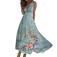 Sundresses for Women 2024 Summer Deep V Neck Sleeveless Fashion Maxi Dresses Floral Print Boho Beach Dress