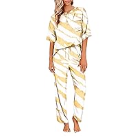 Ekouaer Womens Satin Silky Pajama Set Short Sleeve Shirt with Long Pajama Pant Set Soft PJ Loungewear
