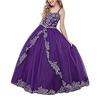 Girl's Beaded Spaghetti Straps Birthday Party Ball Gowns Tulle Sleeveless Kids Pageant Dresses