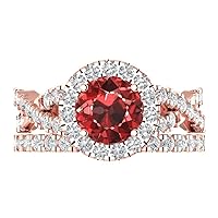 Clara Pucci 2.5 ct Round Cut Halo Solitaire Genuine Natural Red Garnet Designer Art Deco Statement Wedding Ring Band Set 18K Rose Gold