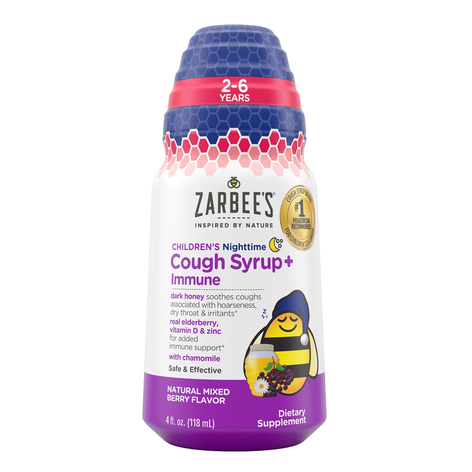 Zarbee's Kids Cough + Immune Nighttime for Children 2-6 with Dark Honey, Vitamin D & Zinc, 1 Pediatrician Recommended, Drug & Alcohol-Free, Mixed Berry Flavor, 4FL Oz