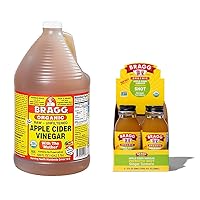 Bragg Organic Apple Cider Vinegar With the Mother 128 ounce and Bragg Organic Apple Cider Vinegar Shot with Ginger Turmeric 2 ounce ACV Shot Pack of 4 Bundle