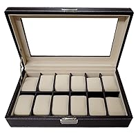 12 Piece Chocolate Brown Leatherette Men's Watch Box Display Case Collection Jewelry Box Storage Glass Top Father's Day