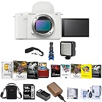 Sony ZV-E1 Full Frame Mirrorless Vlog Camera, White - Bundle w/ Shoulder Bag, 128GB SD Card, Extra Battery, Charger, Cleaning Kit, Corel Mac & PC Software Kit, Screen Protector, Strap, LED Light, Mic