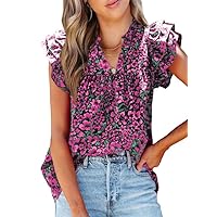 SHEWIN Women's Casual Boho Floral V Neck Ruffle Short Sleeve Loose Blouses Tops