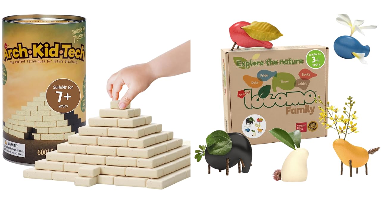 Taksa Toys Locomo & Arch Kid Tech: Egyptian Pyramid 122 Pcs Building Blocks & Locomo Family 5 Pcs Wooden Animal Toys, Educational Outdoor Learning & Creativity Toy Set for Kids 7+ Years