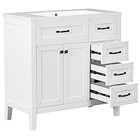 ROOMTEC 36inch Bathroom Vanity with Single Top Sink Freestanding Storage Cabinet with Drawers, White