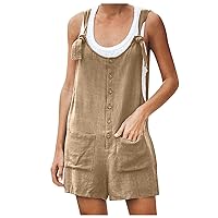 Jumpsuits for Women Summer Casual Cotton Linen Shorts Overalls Loose Adjustable Tie Strap Button Rompers with Pockets