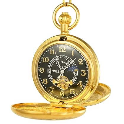 OGLE Vintage Copper Double Cover Tourbillon Phases Moon Chain Fob Self Winding Automatic Mechanical Pocket Watch/Gold Dial