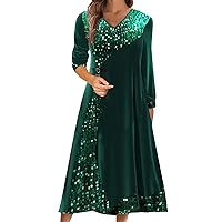 XJYIOEWT Spring Dresses for Women 2024 Long Sleeve Wedding Guest Knee Length,Women's and Winter Sequin Solid V Neck Long