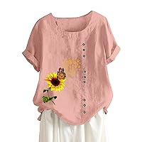 2024 Womens Cotton Linen T Shirt Top Loose Fit Crewneck Casual Print Short Sleeve Plus Size Button Tuned Top Blouses