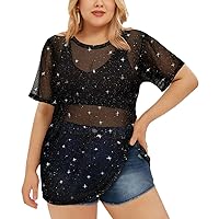 RITERA Plus Size Mesh Tops for Womens Sexy Short Sleeve Sheer Fishnet Shirt Black Blouse XL-5XL