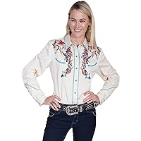 Scully Cream Full Color Embroidered Horse and Flower Womens Long Sleeve Snap Shirt PL-856C