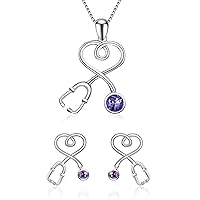 AOBOCO Sterling Silver Stethoscope Jewelry Nurse Necklace and Earrings Set with Simulated Amethyst Birthstone Crystals from Austria, Medical Student RN Registered Nurse Gifts for Women