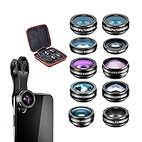10 in 1 Mobile Phone Camera Lens Kit - Wide Angle Macro Telephoto Fisheye Kaleidoscope CPL Effect Filter Set Compatible with iPhone 13/12/11 Samsung Android and Most Smartphones