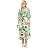 PattyCandy Womens Flowy Party Dress Floral Animal Pattern Double Cuff Midi Dress, XS-5XL