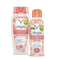 Vagisil Scentsitive Scents Multipack, Daily Intimate Feminine Wash (12 oz.), and Dry Wash Deodorant Spray for Women (2.6 oz.) - Peach Blossom Scent