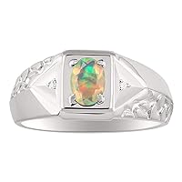 Rylos Men's 14K White Gold Classic Designer Ring - 7X5MM Oval Gemstone & Sparkling Diamond - Birthstone Rings for Men - Available in Sizes 8 to 13