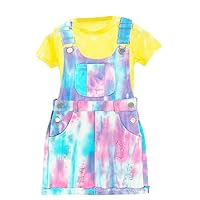 Peacolate Spring Autumn Summer Girl 2pcs Dresses set Short Sleeve Yellow T-Shirt and Tie-dye Suspenders Dress(8years)