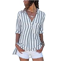 Women's Striped Long Sleeve Casual Shirt Roll Sleeve Striped Classic Button Shirts Stylish V Neck Blouses Pockets